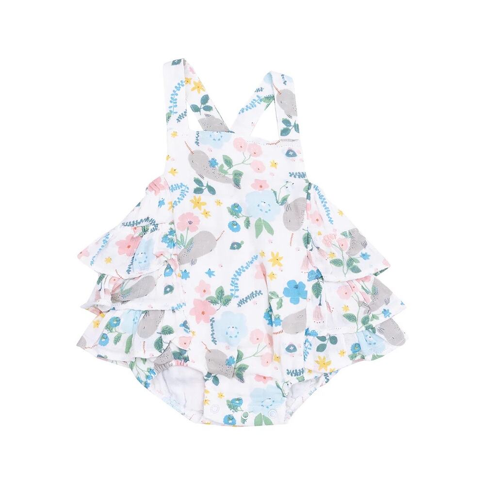 NWT Angel Dear Narwhal Floral Ruffle Organic Cotton Muslin Sunsuit 0-3 Months